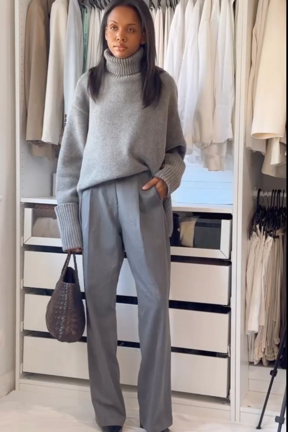 Minimalist Grey Sweater And Trousers Ensemble — Aesthetic Grey Sweater Outfit