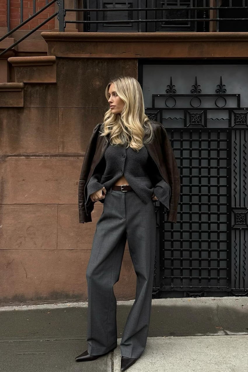 Grey Knit Cardigan With Leather Jacket Detail — Aesthetic Grey Sweater Outfit