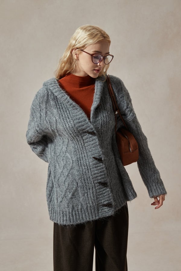 Grey Cable Knit Cardigan Over Turtleneck — Aesthetic Grey Sweater Outfit
