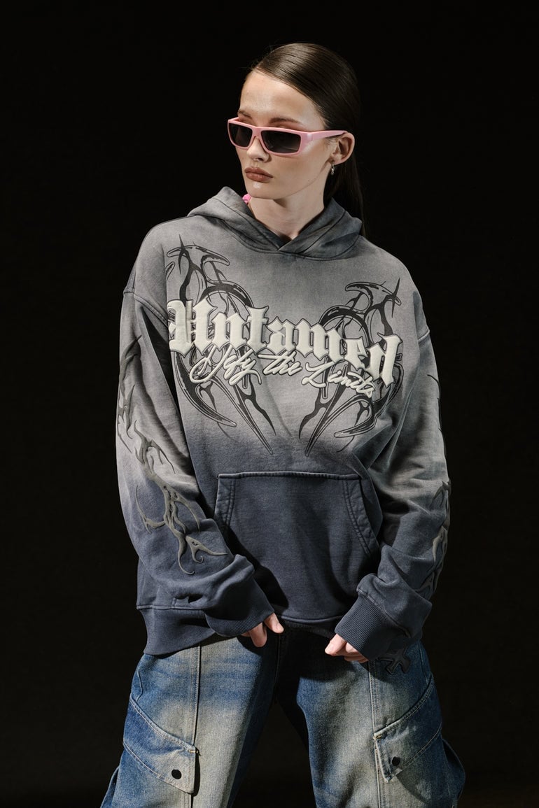 Distressed Graphic Hoodie with Cargo Pants and Pink Boots Distressed Graphic Hoodie with Cargo Pants and Pink Boots — Aesthetic Hoodie Outfits Women