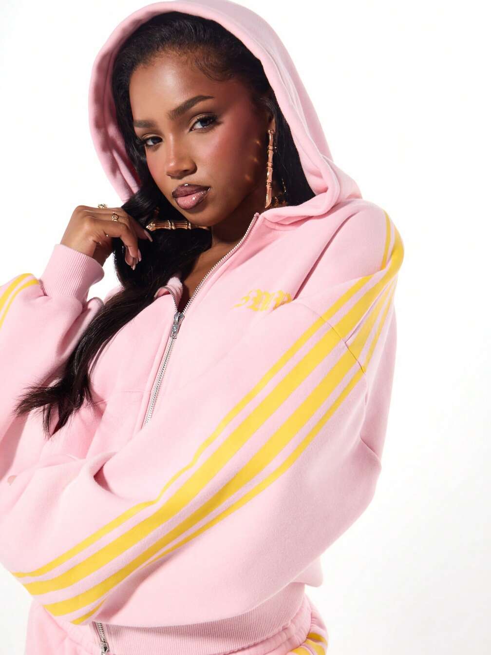 Pink Zip-Up Hoodie with Yellow Sleeve Stripes Pink Zip-Up Hoodie with Yellow Sleeve Stripes — Aesthetic Hoodie Outfits Women