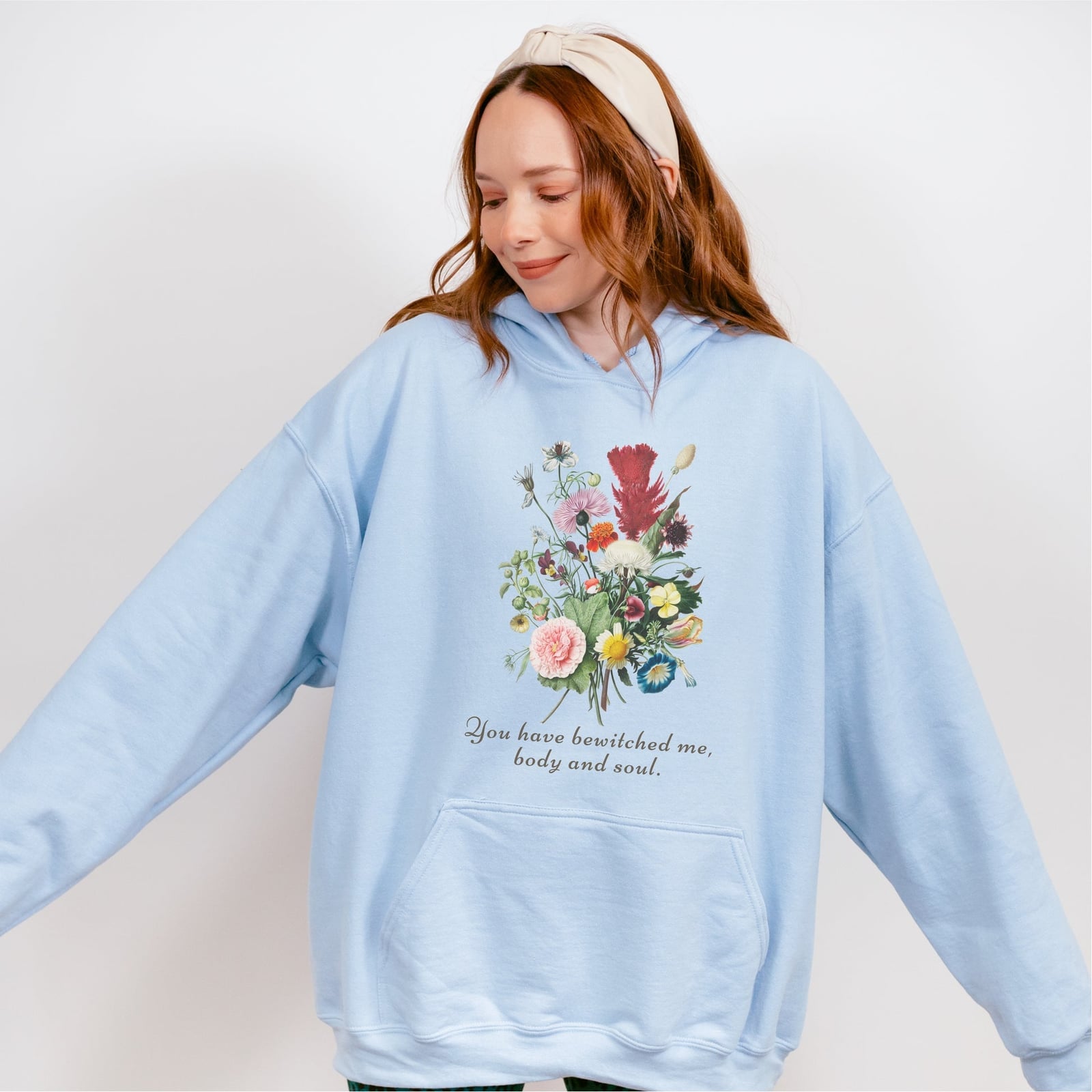 Light Blue Hoodie with Floral Graphic and Headband Light Blue Hoodie with Floral Graphic and Headband — Aesthetic Hoodie Outfits Women