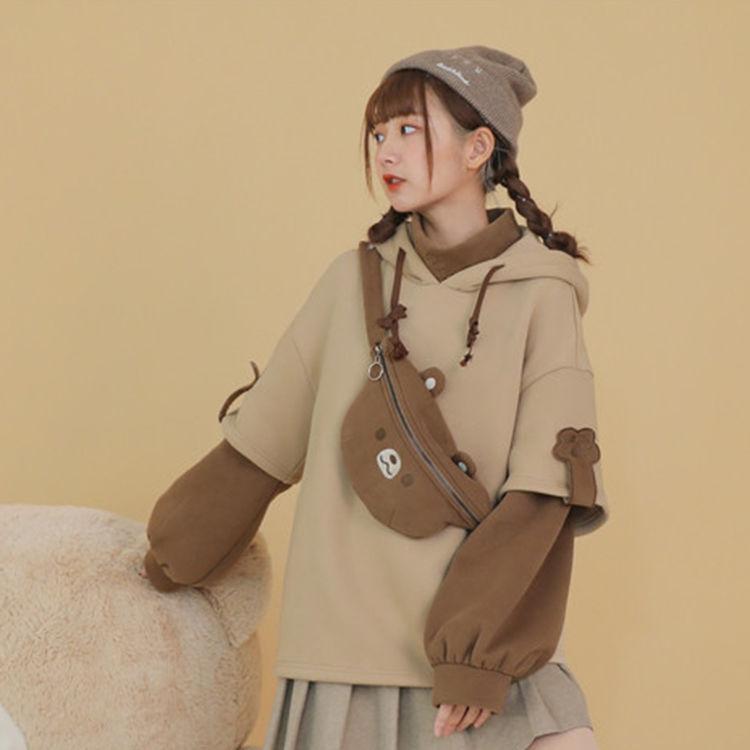 Beige Hoodie with Contrasting Sleeves and Bear Bag Beige Hoodie with Contrasting Sleeves and Bear Bag — Aesthetic Hoodie Outfits Women