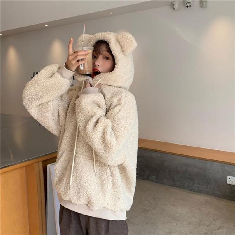 Cream Sherpa Fleece Hoodie with Bear Ears Cream Sherpa Fleece Hoodie with Bear Ears — Aesthetic Hoodie Outfits Women