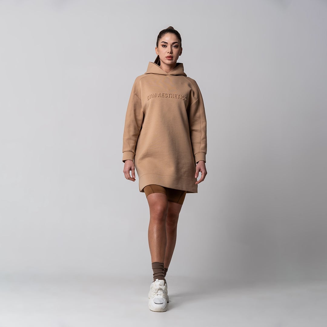 Beige Hoodie Dress with Bike Shorts and Sneakers Beige Hoodie Dress with Bike Shorts and Sneakers — Aesthetic Hoodie Outfits Women