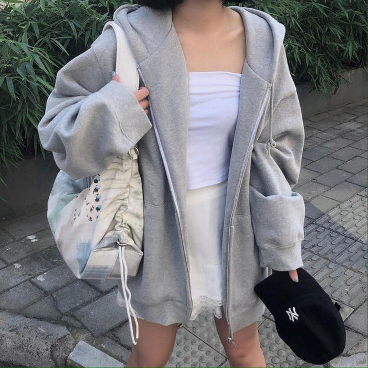Grey Zip-Up Hoodie Over Tube Top with Beret Grey Zip-Up Hoodie Over Tube Top with Beret — Aesthetic Hoodie Outfits Women