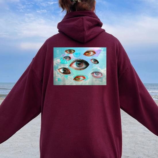 Maroon Hoodie with Surrealist Eye Graphic Maroon Hoodie with Surrealist Eye Graphic — Aesthetic Hoodie Outfits Women