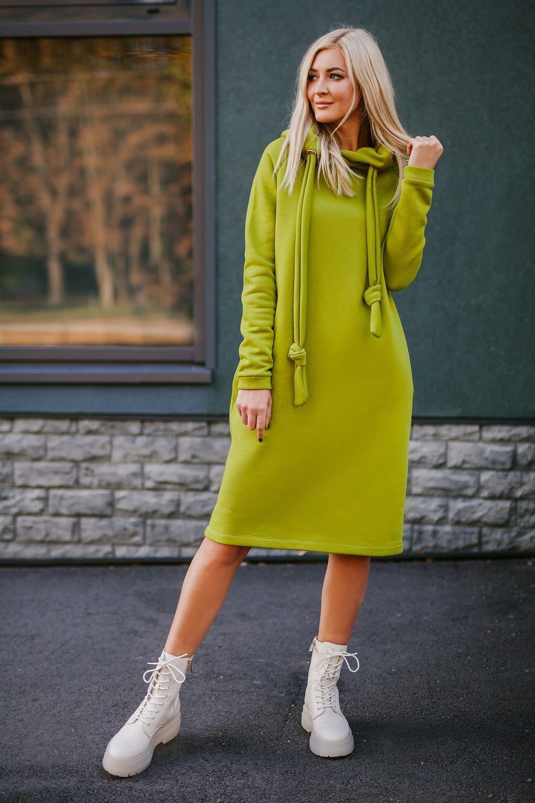 Lime Green Hoodie Dress with Combat Boots Lime Green Hoodie Dress with Combat Boots — Aesthetic Hoodie Outfits Women