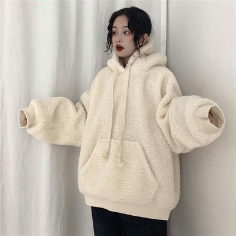 Cream Fluffy Oversized Hoodie with Front Pocket Cream Fluffy Oversized Hoodie with Front Pocket — Aesthetic Hoodie Outfits Women