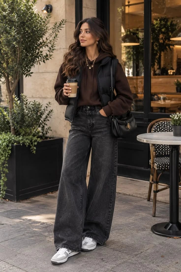 Brown Hoodie Layered Under a Puffer Vest with Grey Jeans Brown Hoodie Layered Under a Puffer Vest with Grey Jeans — Aesthetic Hoodie Outfits Women