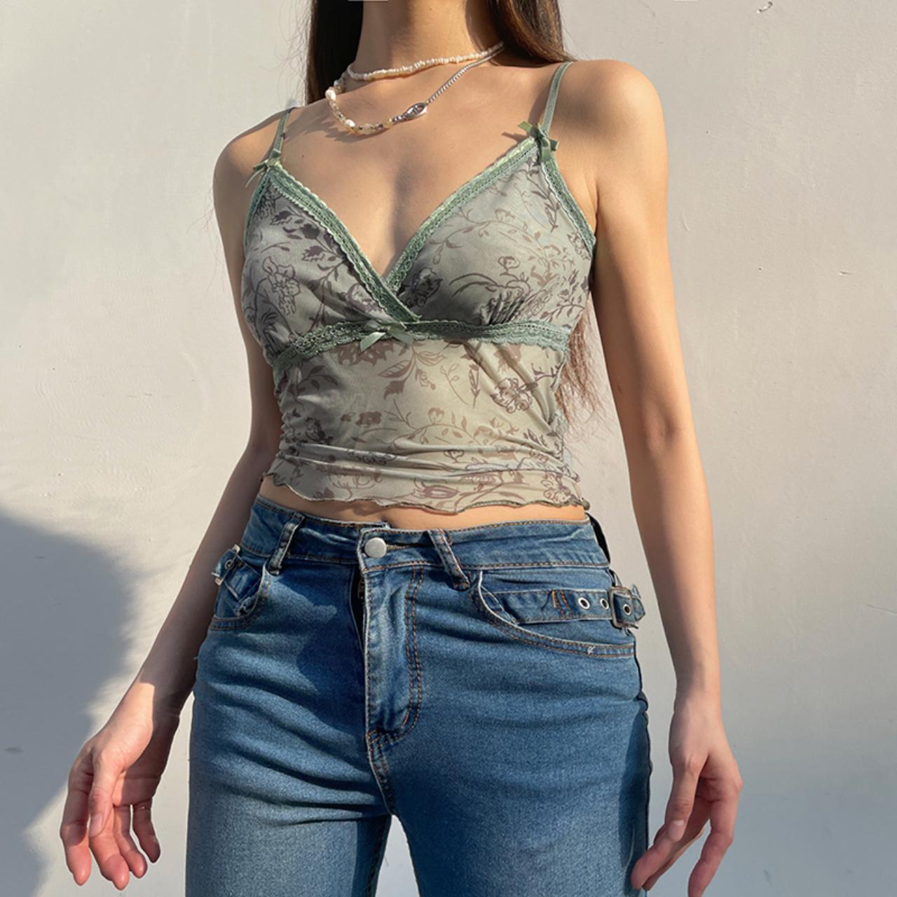 Floral Lace Trim Camisole With Denim — Aesthetic Lace Top Outfit