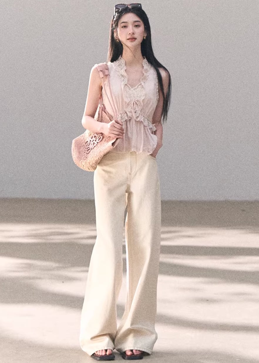 Pink Lace Trim Top With Wide Leg Trousers — Aesthetic Lace Top Outfit