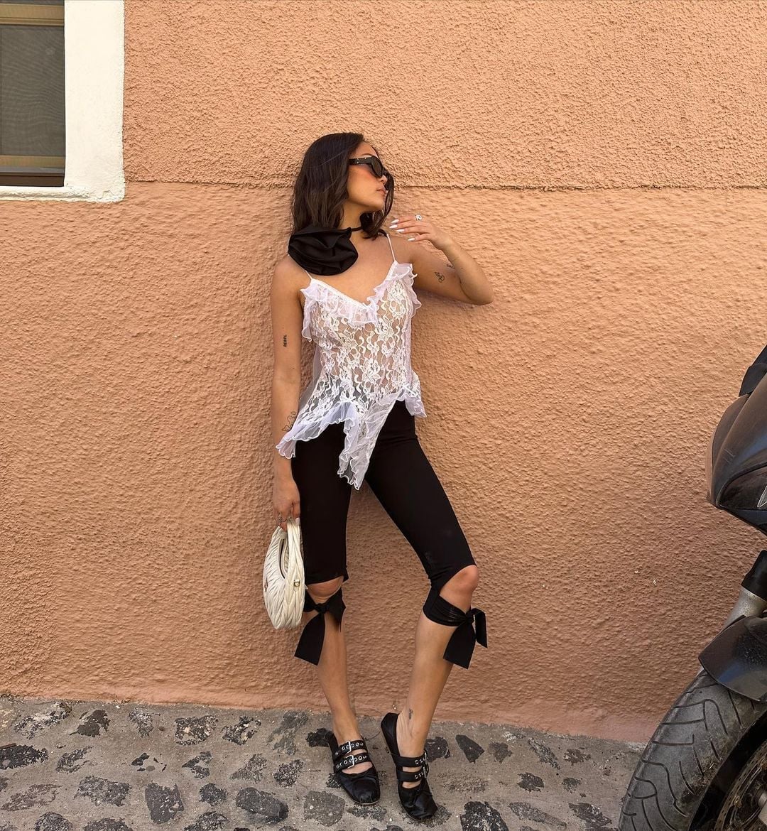 Sheer White Lace Camisole With Capri Leggings — Aesthetic Lace Top Outfit