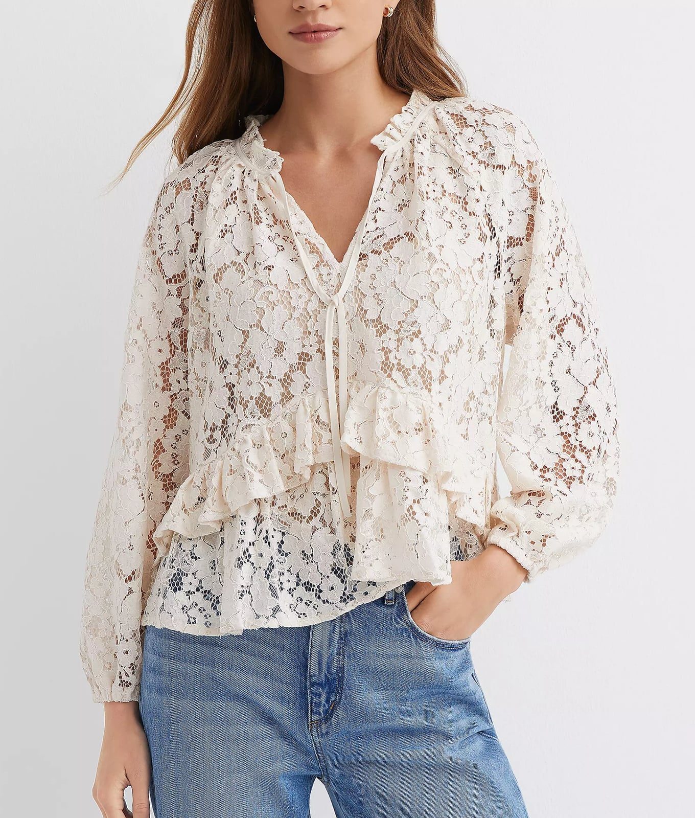 Sheer Ivory Lace Blouse With Denim Jeans — Aesthetic Lace Top Outfit