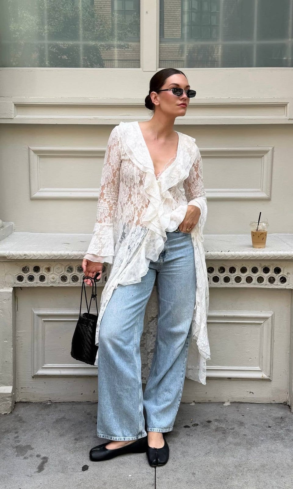 Sheer White Lace Top With Wide Leg Jeans and Black Ballet Flats — Aesthetic Lace Top Outfit