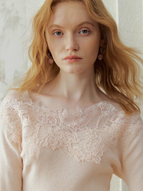 Pink Knit Top With Intricate Lace Neckline and Hoop Earrings — Aesthetic Lace Top Outfit