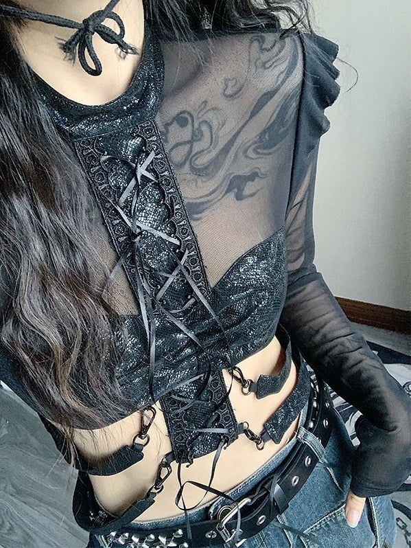 Black Sheer Lace Corset Top With Denim, Close-Up Take — Aesthetic Lace Top Outfit