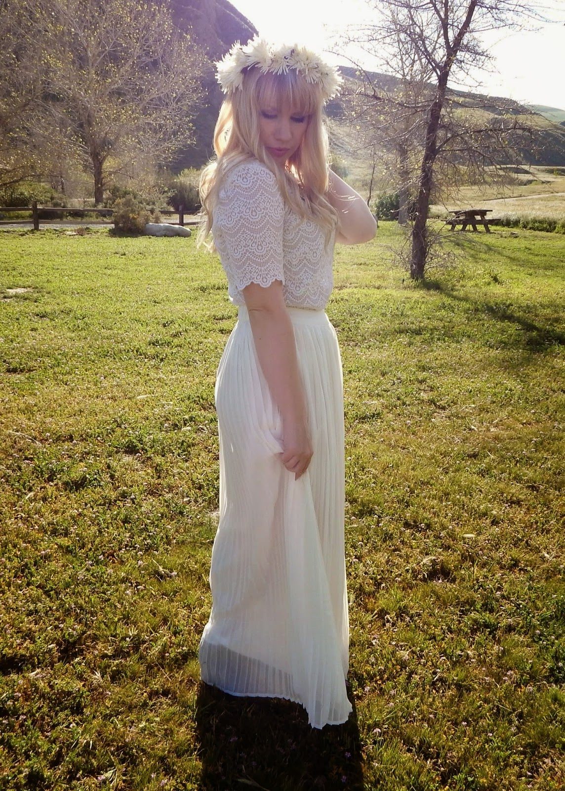 White Lace Top With Pleated Skirt And Boots and Flower Crown — Aesthetic Lace Top Outfit