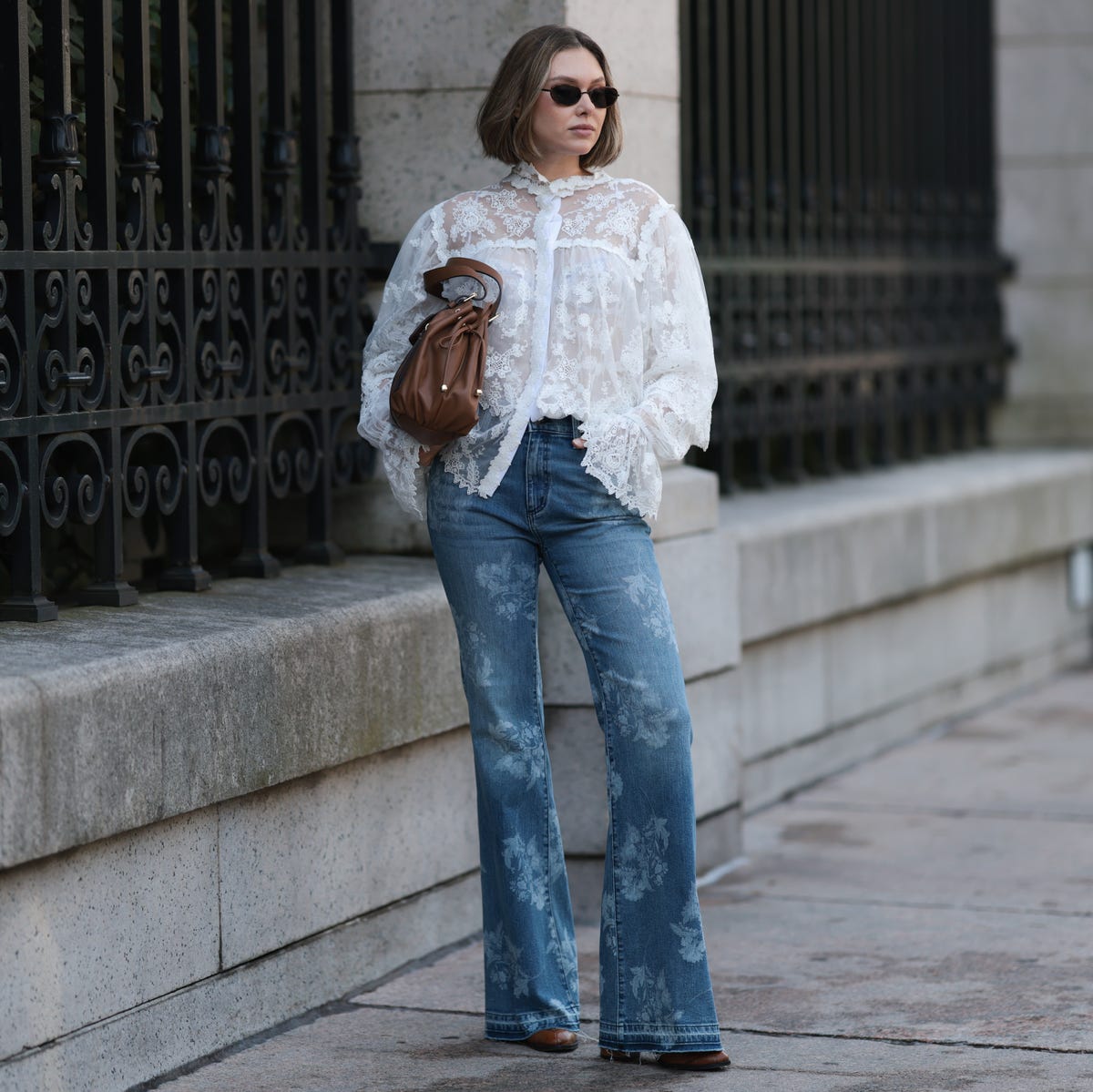 Sheer White Lace Blouse With Flared Jeans — Aesthetic Lace Top Outfit