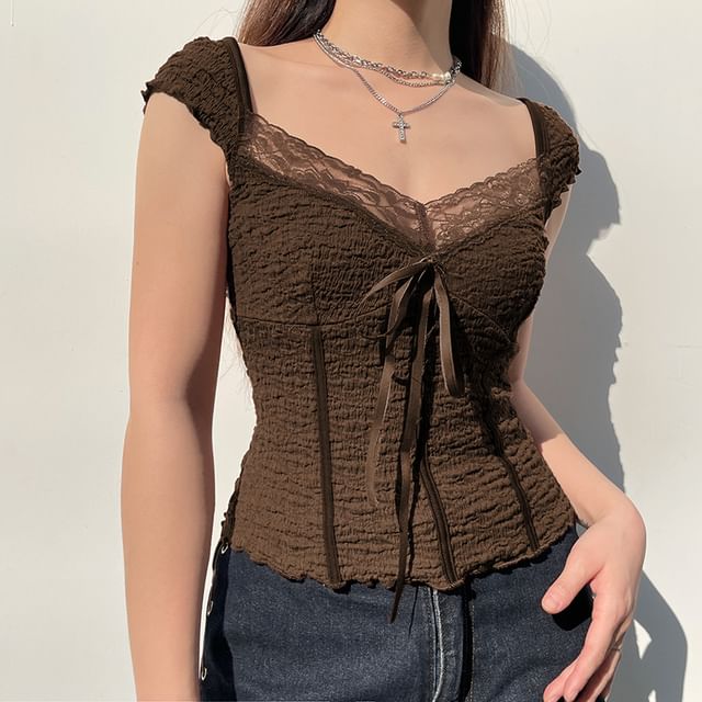 Ruched Top With Cream Lace Neckline — Aesthetic Lace Top Outfit