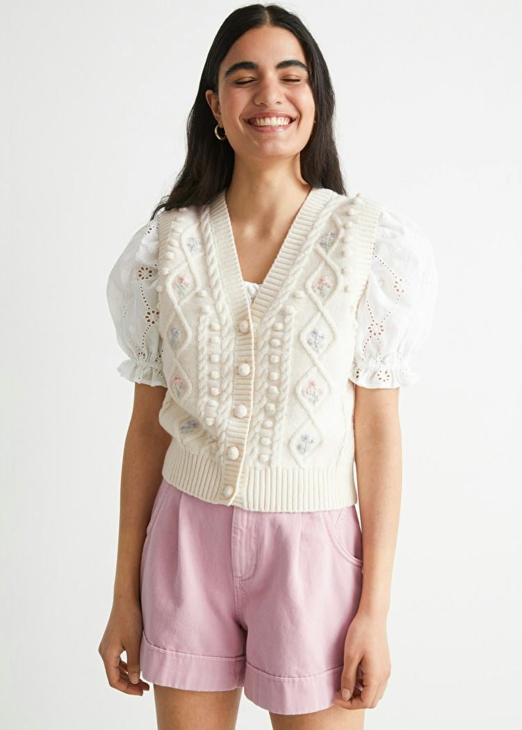 Cable Knit Vest Over Puff Sleeve Blouse — Aesthetic Lace Top Outfit