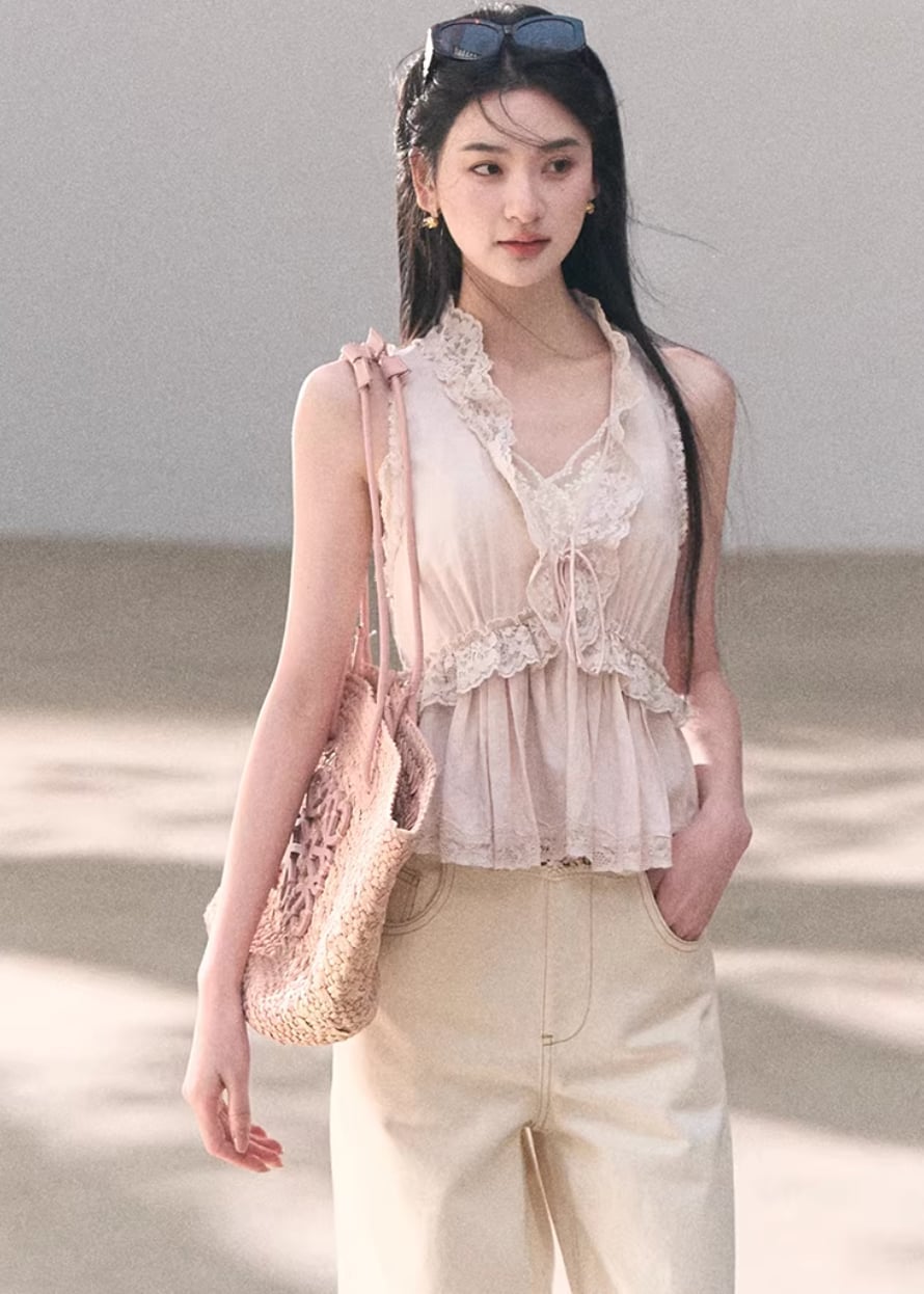 Pale Pink Lace Trim Top With Eyelet Shorts — Aesthetic Lace Top Outfit