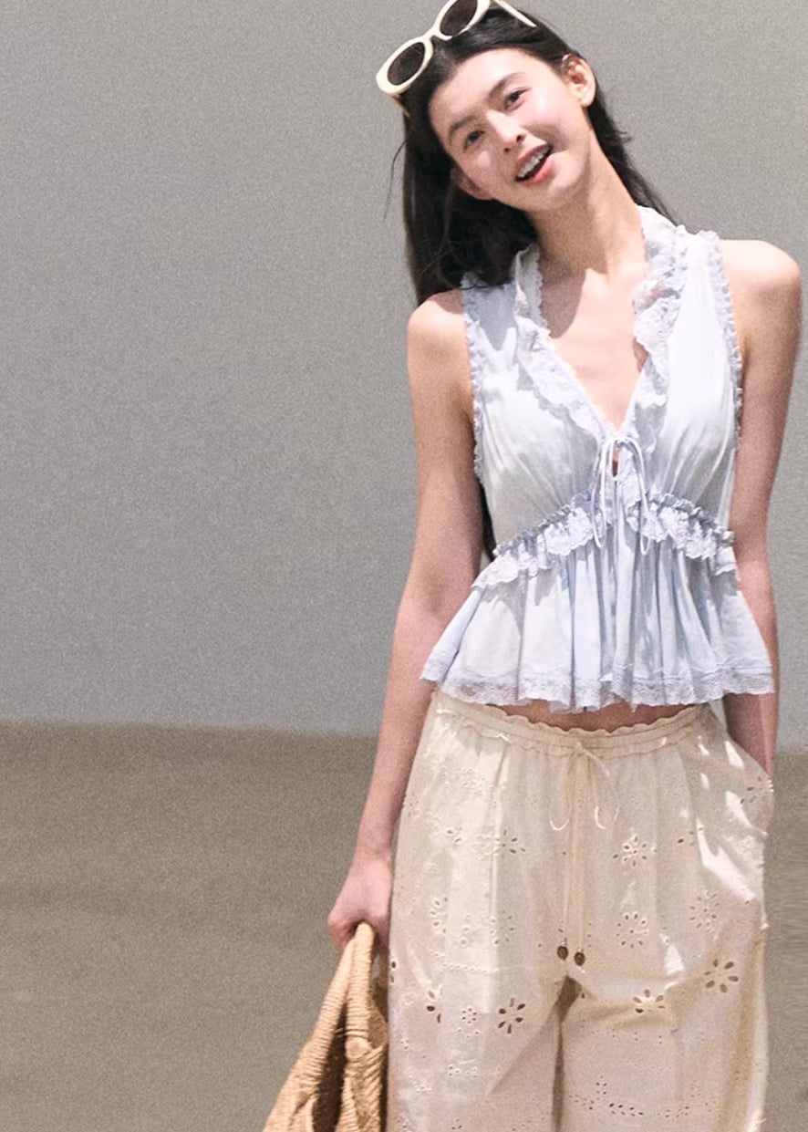 Light Blue Lace Trim Top With Eyelet Shorts — Aesthetic Lace Top Outfit