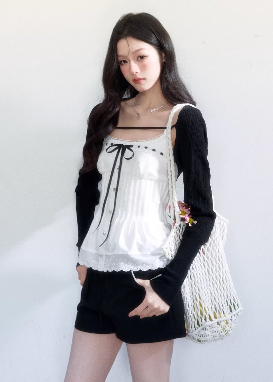White Camisole With Lace Trim Under Cardigan — Aesthetic Lace Top Outfit