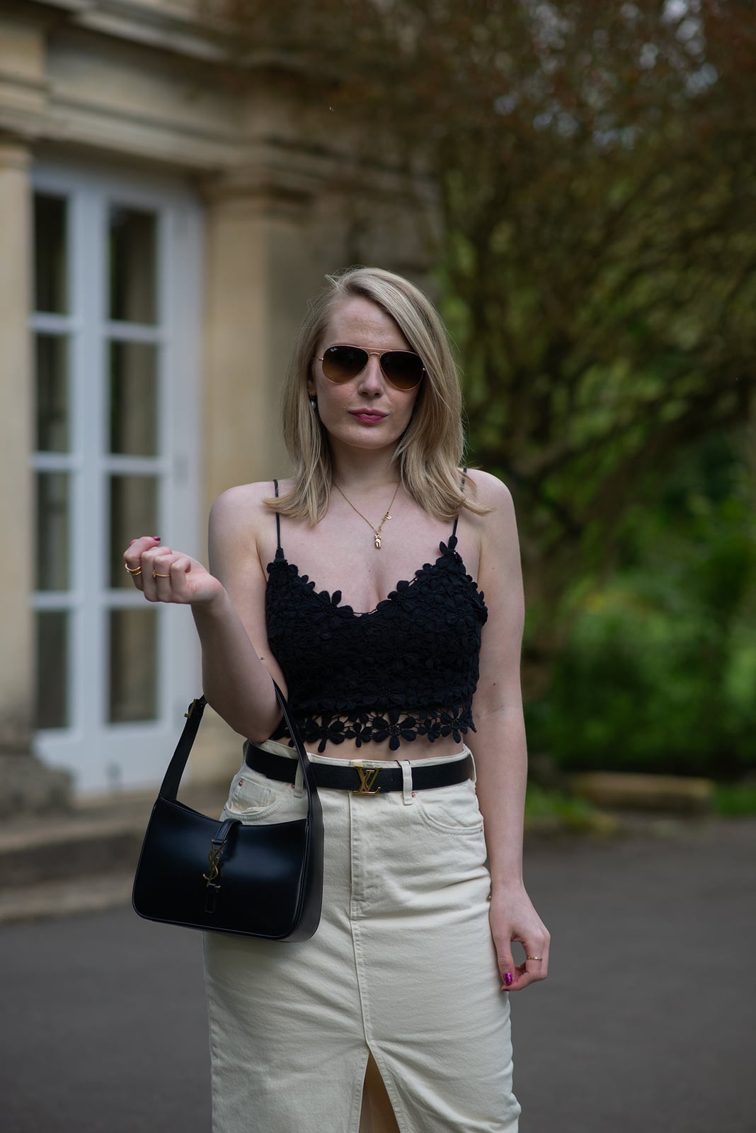 Black Crochet Lace Top With Denim Maxi Skirt — Aesthetic Lace Top Outfit