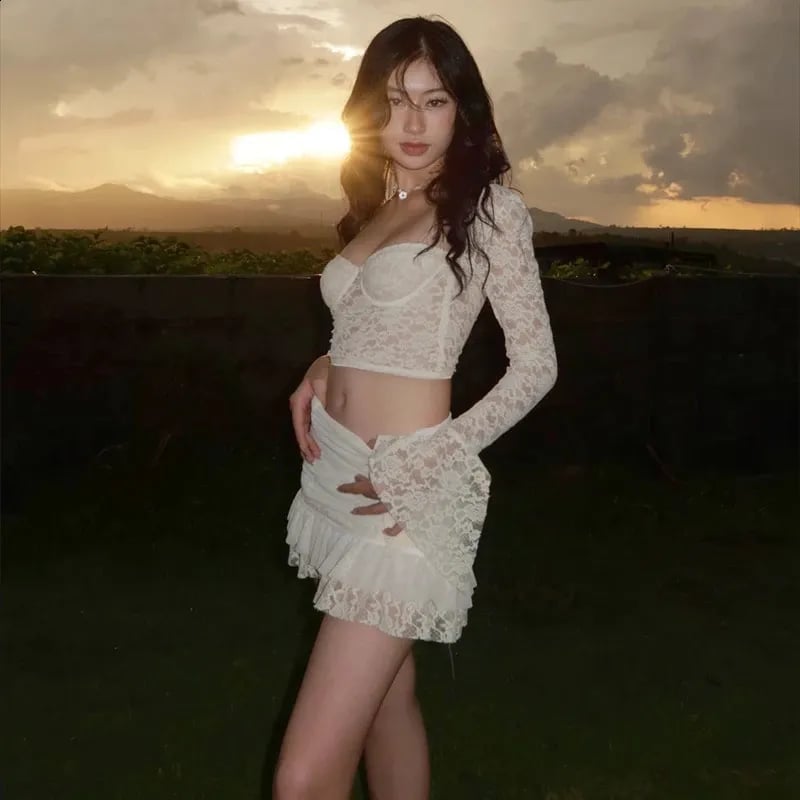 Ivory Lace Crop Top With Flared Sleeves — Aesthetic Lace Top Outfit