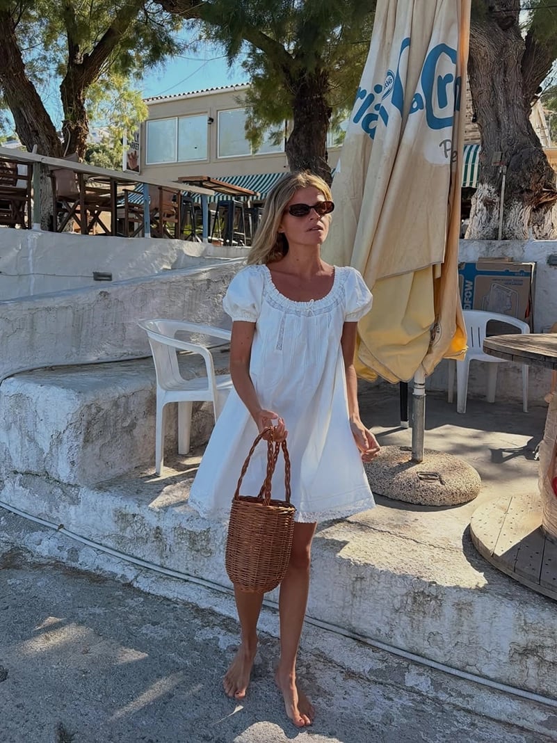 White Linen Babydoll Mini Dress with Puff Sleeves — Aesthetic Linen Dress
