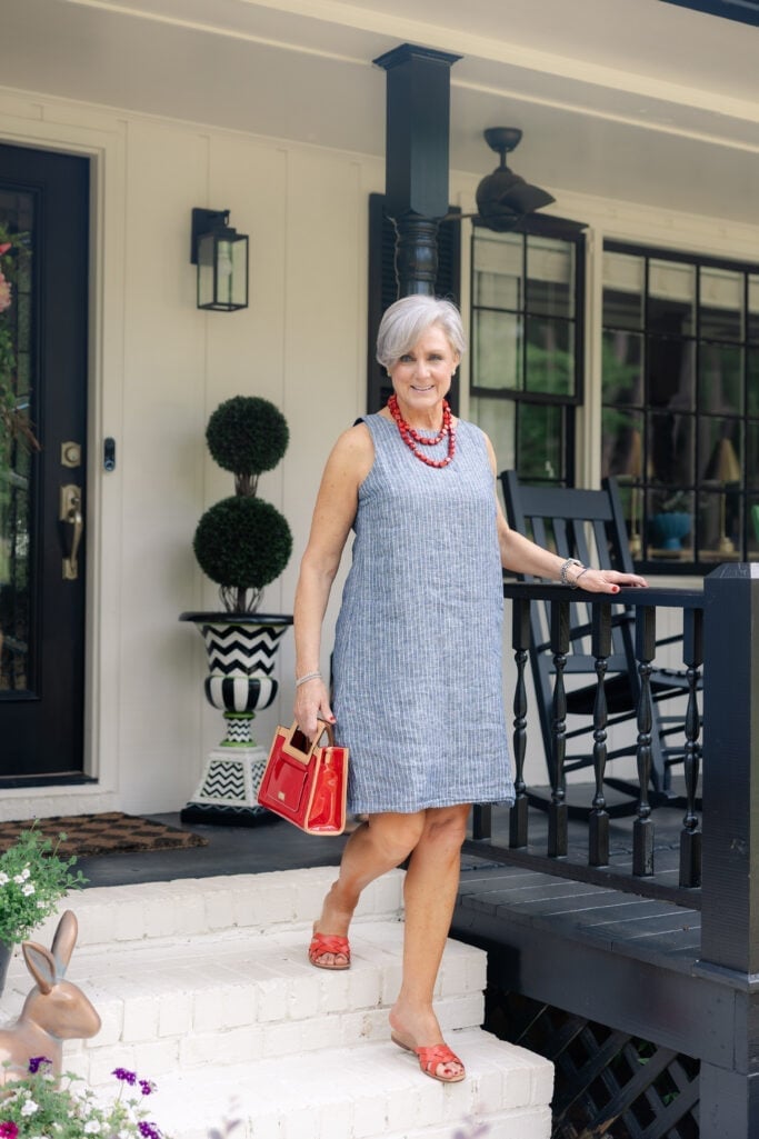 Striped Linen Shift Dress with Red Accessories — Aesthetic Linen Dress