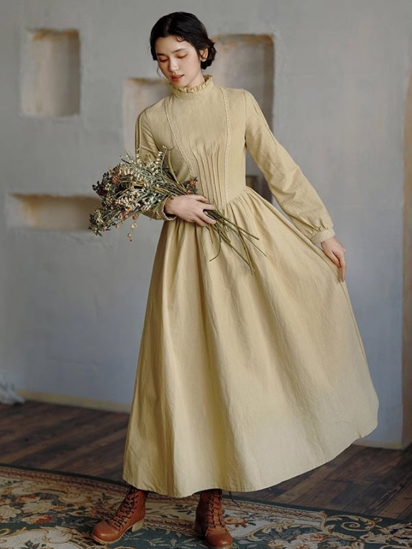 Cream Yellow Linen Midi Dress with Lace Trim — Aesthetic Linen Dress