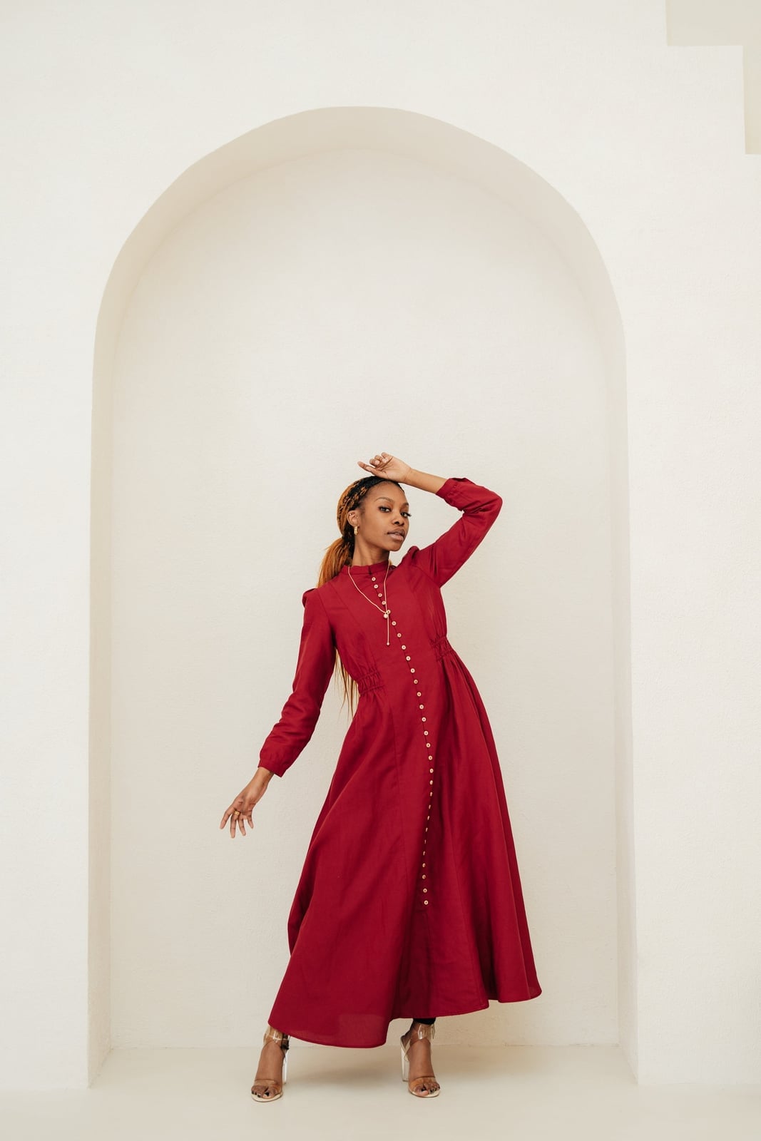 Maroon Linen Maxi Dress with Button-Up Front — Aesthetic Linen Dress