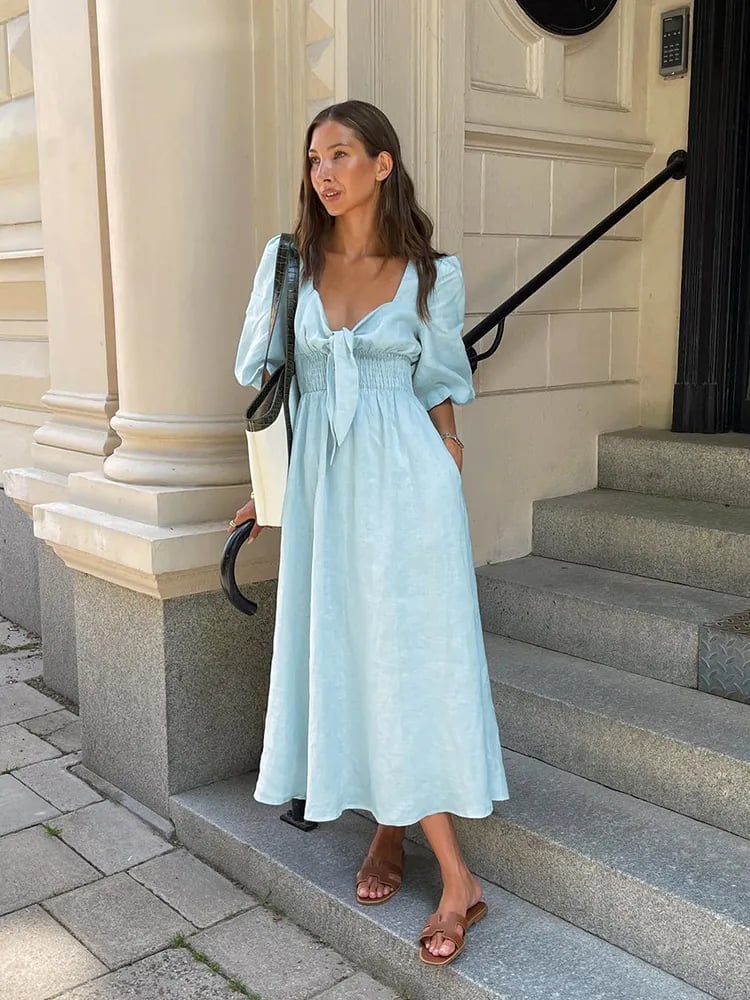 Light Blue Linen Midi Dress with Tie-Front Neckline — Aesthetic Linen Dress