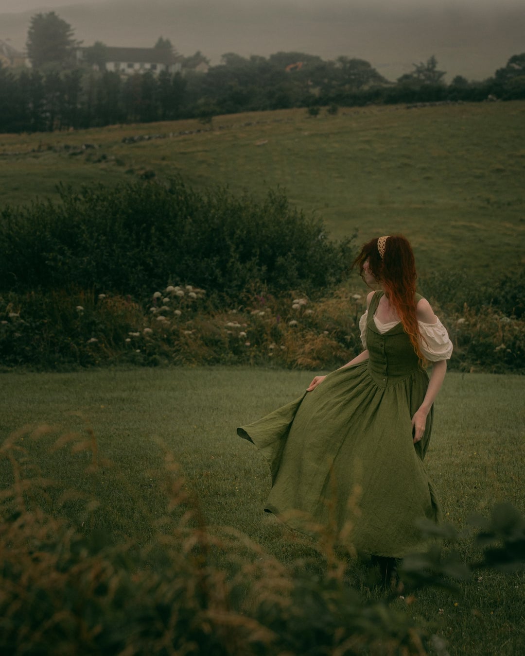 Olive Green Linen Dress with Puff Sleeves — Aesthetic Linen Dress