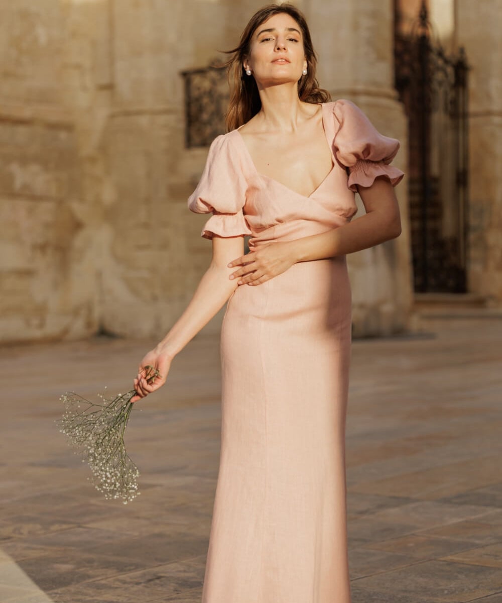 Pale Pink Linen Dress with Puff Sleeves — Aesthetic Linen Dress