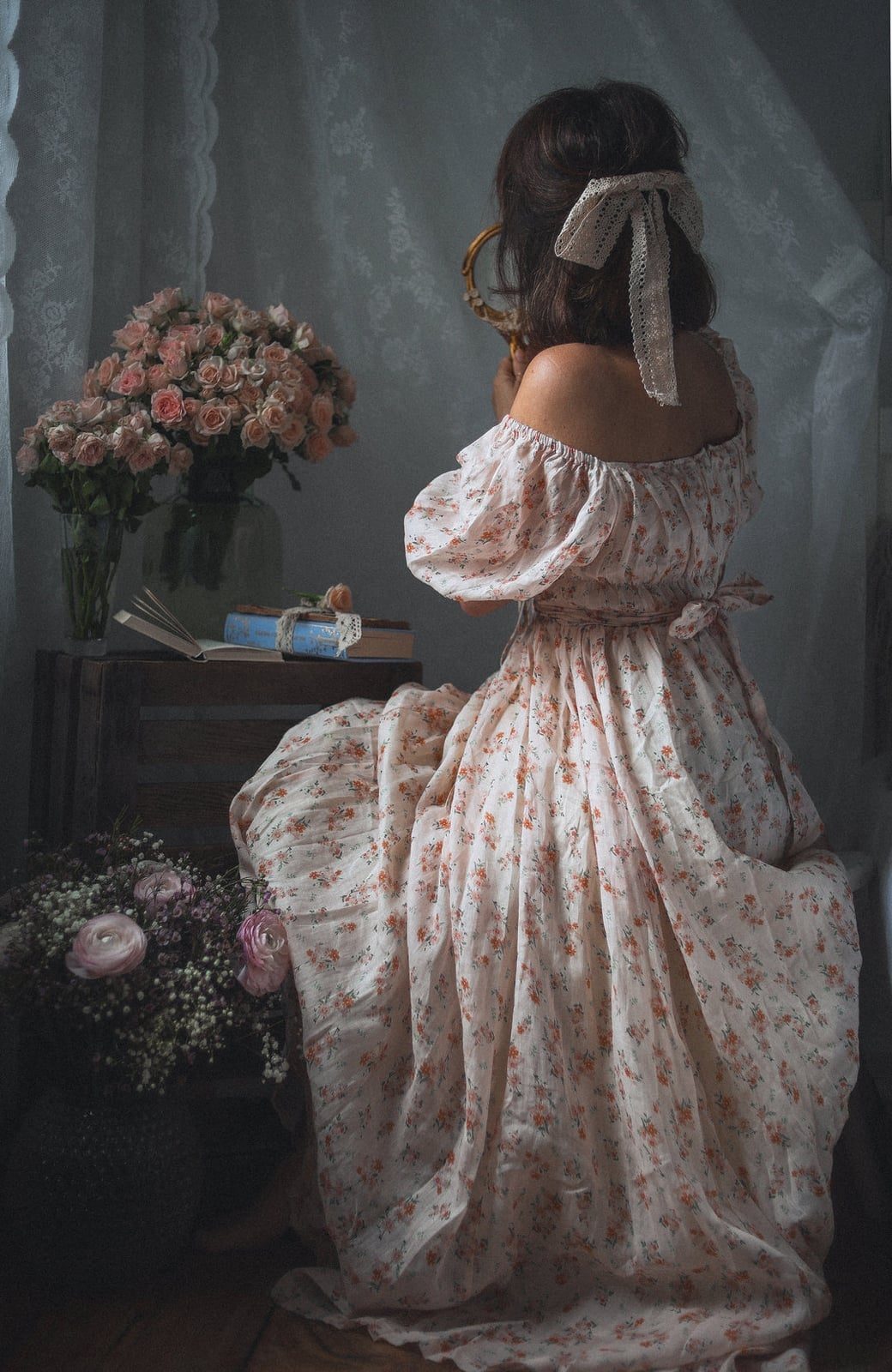 Pale Pink Floral Print Linen Dress — Aesthetic Linen Dress