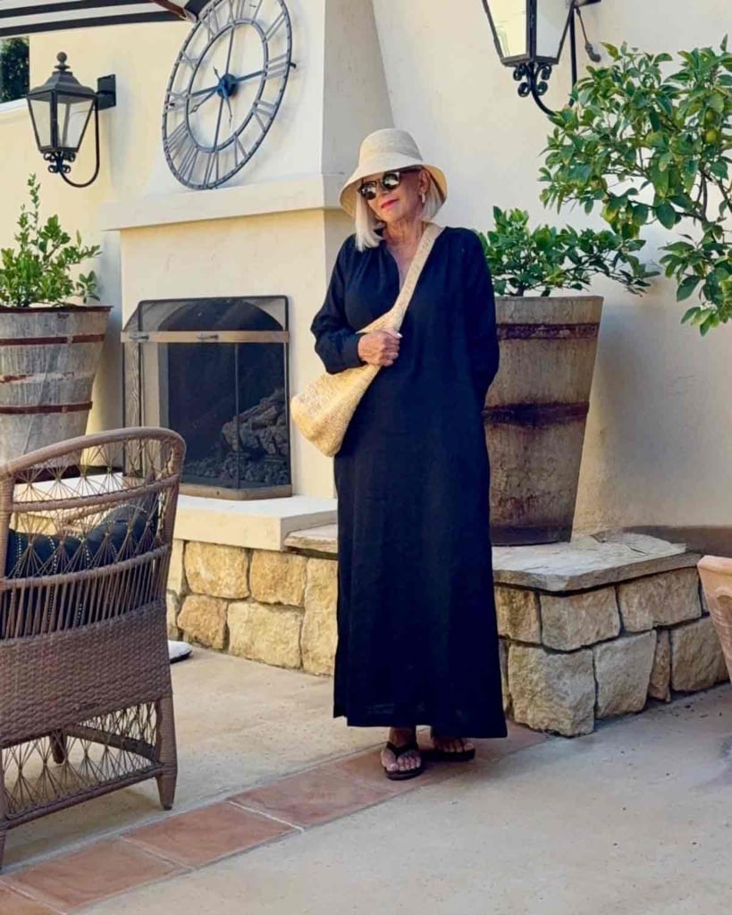 Long Sleeve Black Linen Maxi Dress with Straw Accessories — Aesthetic Linen Dress