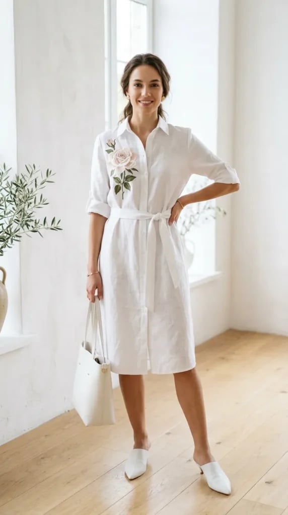 Embroidered White Linen Shirt Dress — Aesthetic Linen Dress