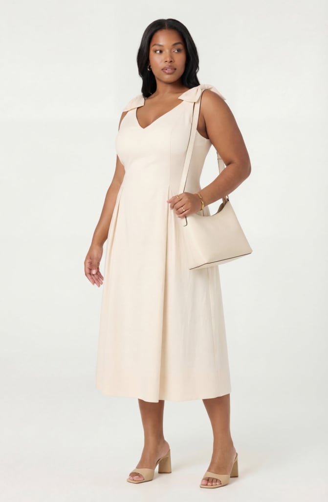 Cream Linen Midi Dress with Bow Shoulder Details — Aesthetic Linen Dress