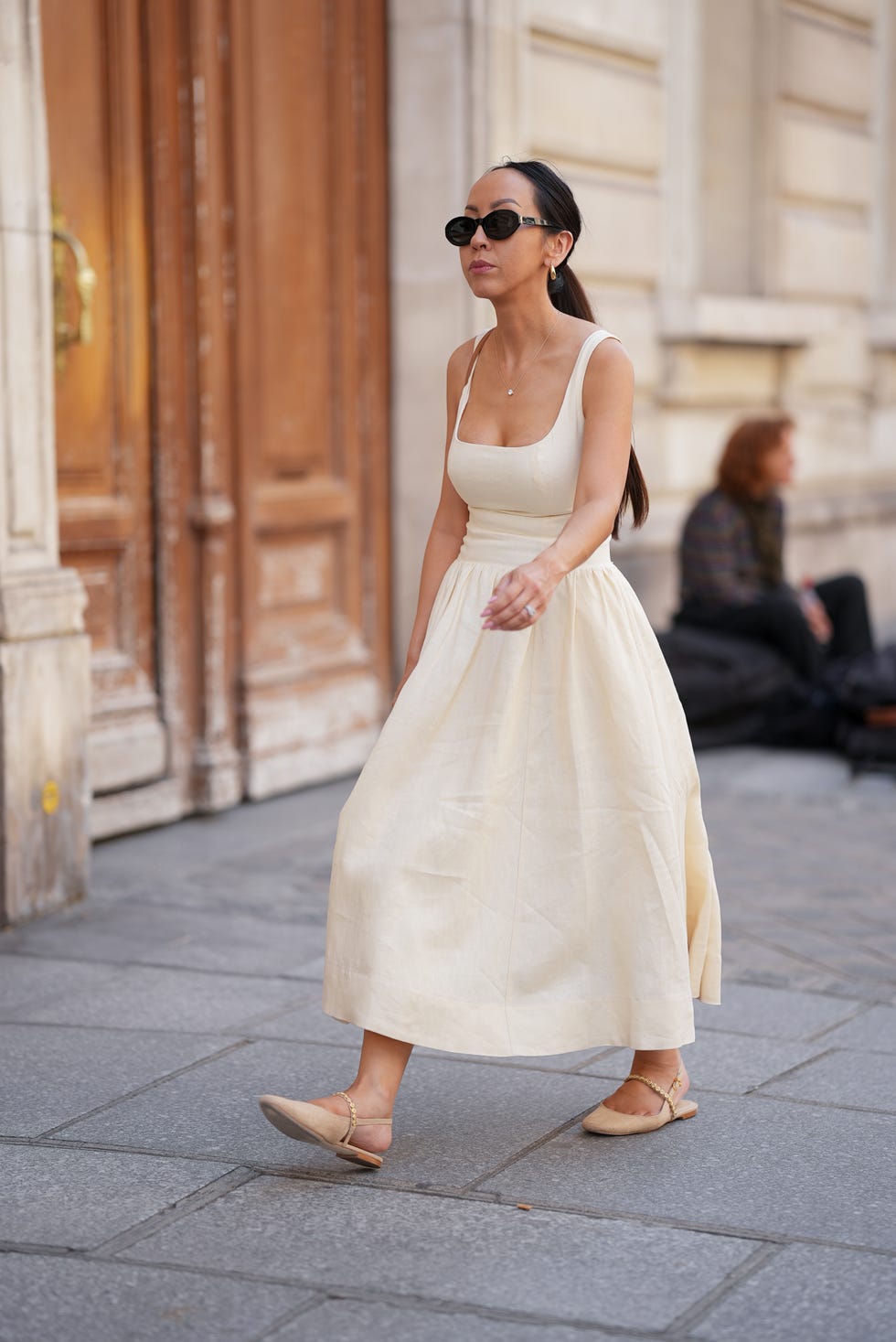 Cream Linen Midi Dress with Square Neckline — Aesthetic Linen Dress