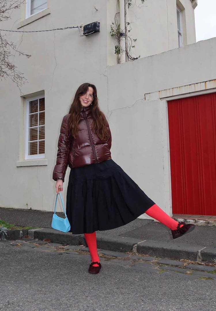 Puffer Jacket Pleated Skirt And Velvet Mary Janes — Aesthetic Mary Janes Outfit
