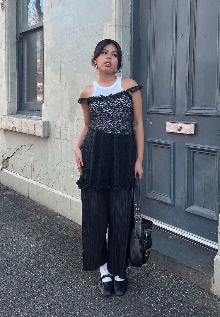 Lace Overlay Top Wide Leg Trousers And Mary Janes — Aesthetic Mary Janes Outfit