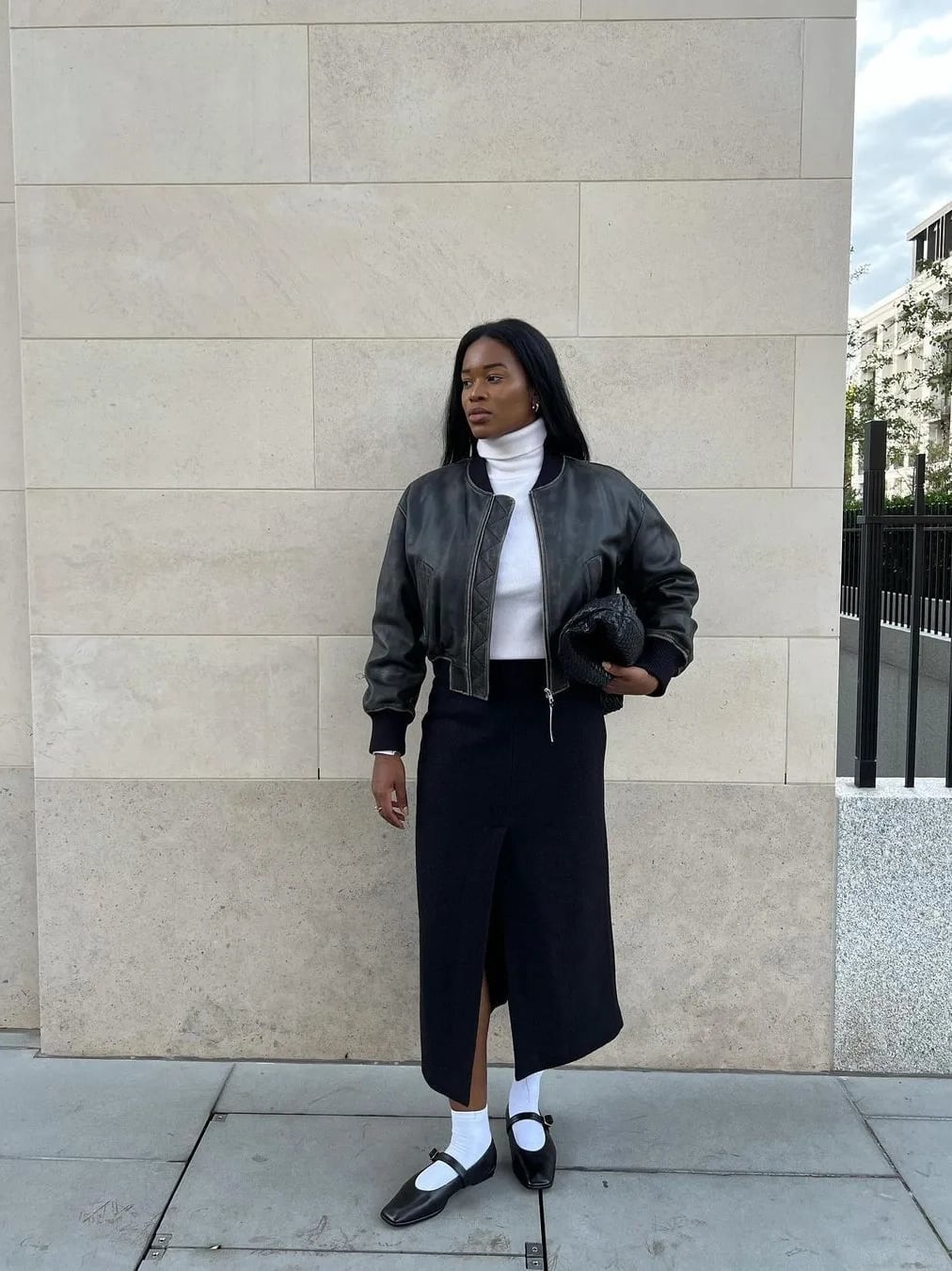 Bomber Jacket Midi Skirt And Square Toe Mary Janes — Aesthetic Mary Janes Outfit