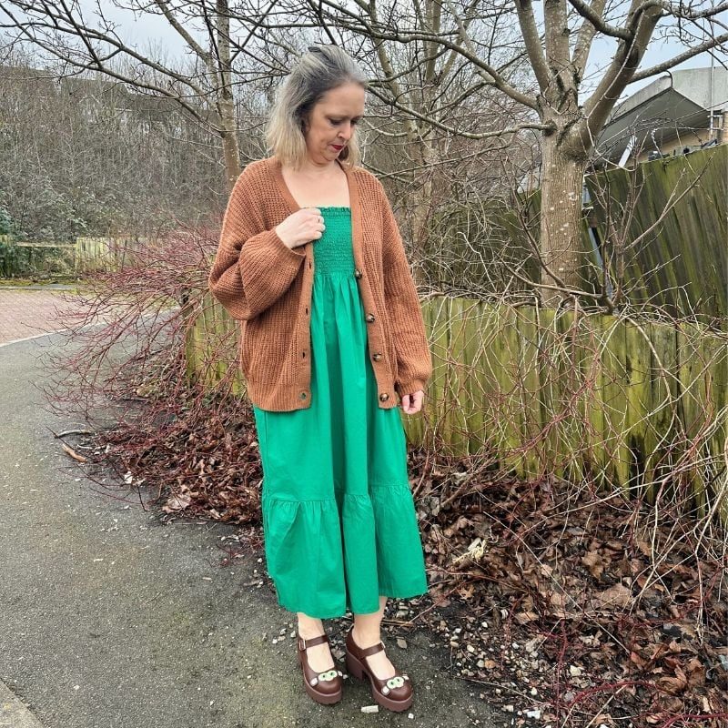 Tiered Midi Dress With Chunky Cardigan — Aesthetic Mary Janes Outfit