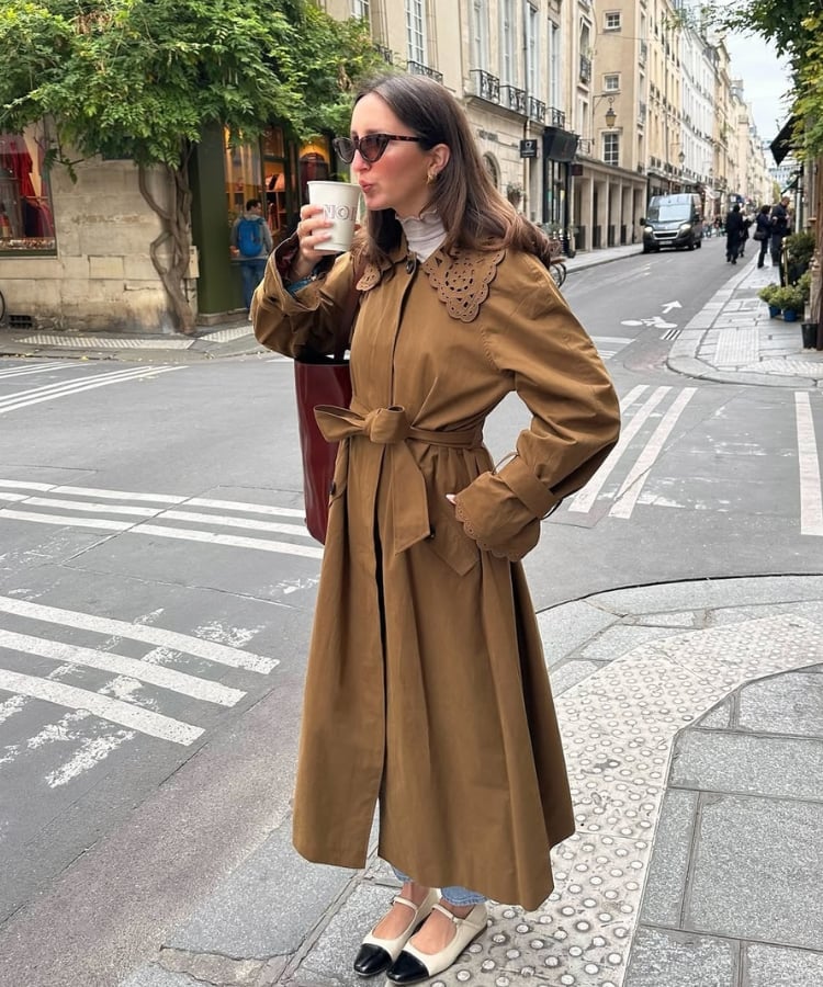 Brown Trench Coat With Ornate Collar — Aesthetic Mary Janes Outfit