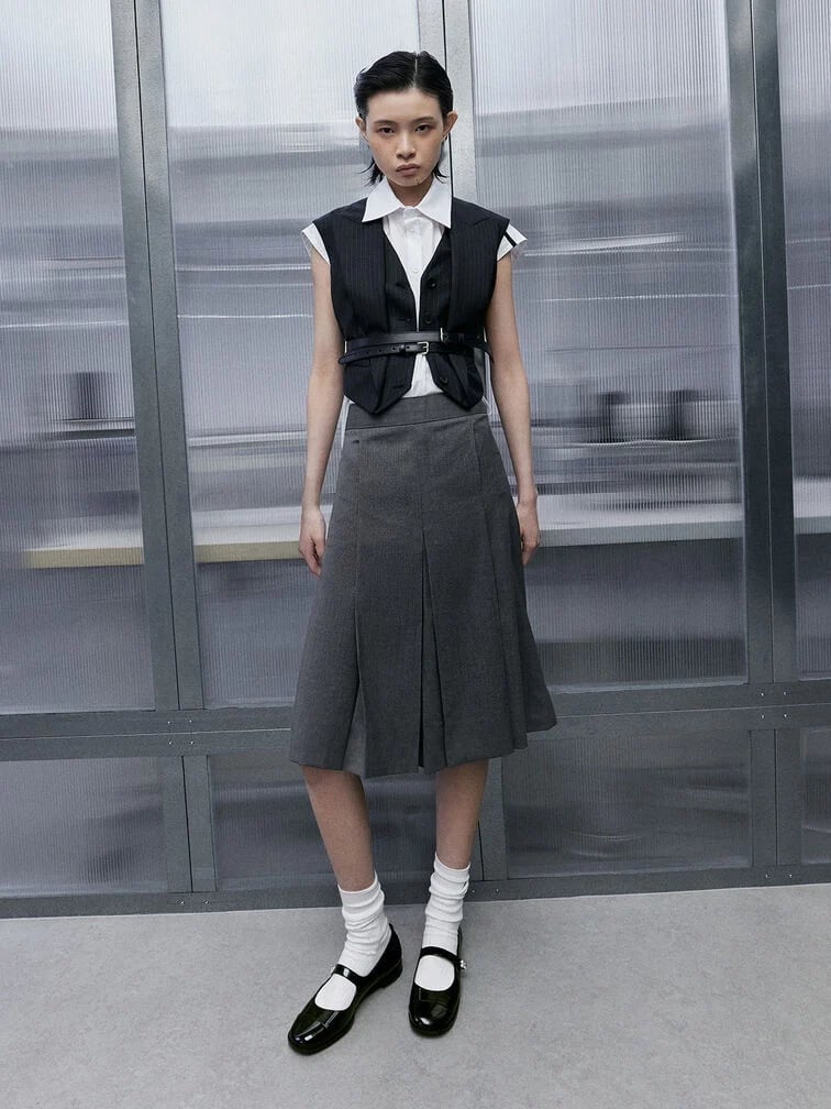 Structured Vest With Grey Pleated Skirt — Aesthetic Mary Janes Outfit