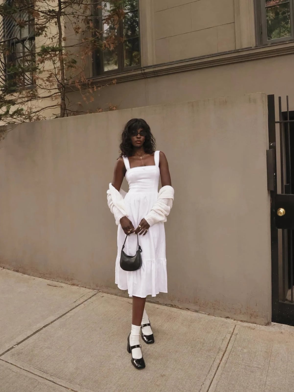 White A-Line Midi Dress With Patent Mary Janes — Aesthetic Mary Janes Outfit