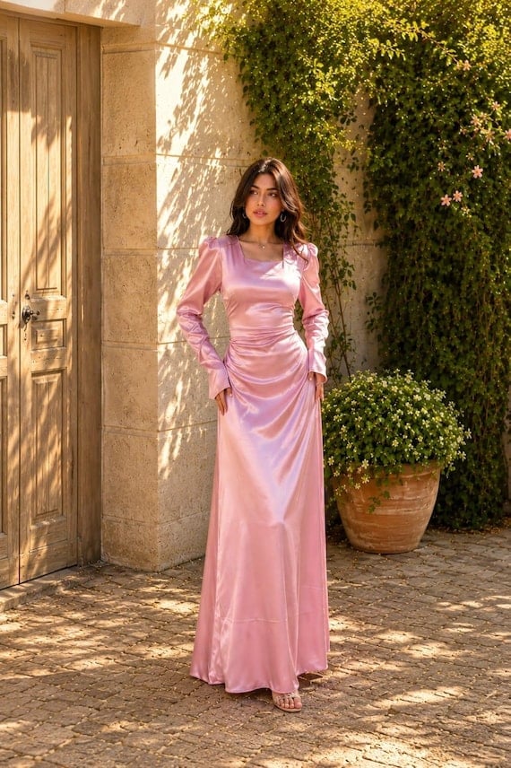 Blush Pink Satin Maxi Dress with Puff Sleeves — Aesthetic Modest Dresses